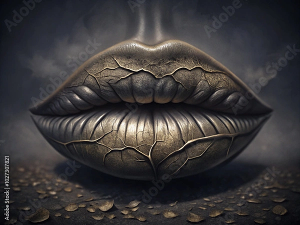 Fototapeta Cold weather skincare: Close-up of lips with golden and black scales creating an artistic visual effect against a dark gray background