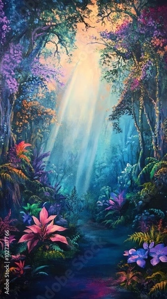 Fototapeta Ethereal forests adorned with luminescent flora, magical creatures thriving in harmony, conservation symbolized in vibrant colors