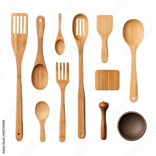 Fototapeta Top View Collection of Elegant Bamboo Kitchen Utensils on Wooden Surface
