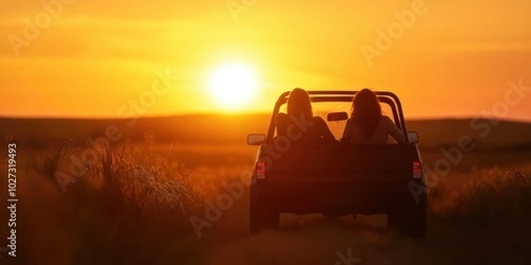 Fototapeta Two individuals are relaxing in the back of a pickup truck, enjoying a scenic drive through a lush landscape with a vivid sunset stretching across the horizon.