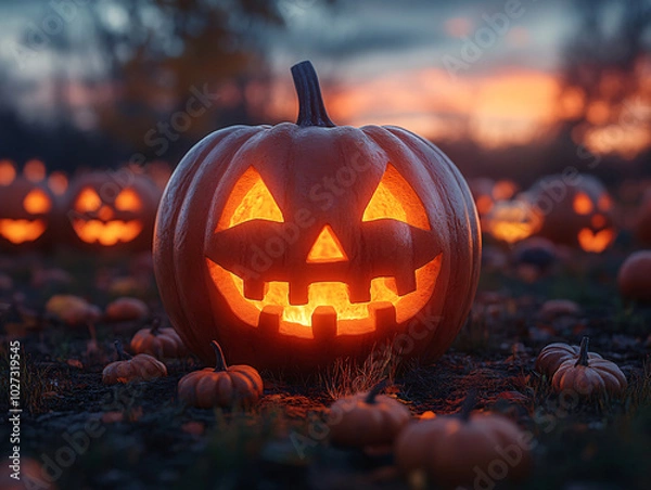 Obraz a bunch of jack-o'-lanterns, with one prominently featuring a smiling grin and a glowing pumpkin in the background.