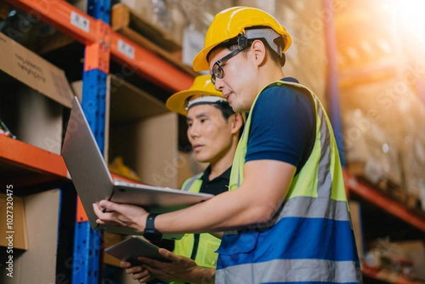 Obraz Two warehouse workers using a digital tablet while recording inventory. Logistics employees working with warehouse management software in a large distribution centre.