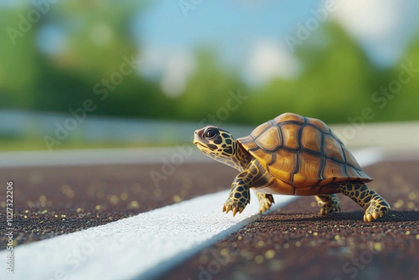 Fototapeta animal by ai // turtle on running track reaching the finish line, closeup, side view, bokeh background, photorealistic
