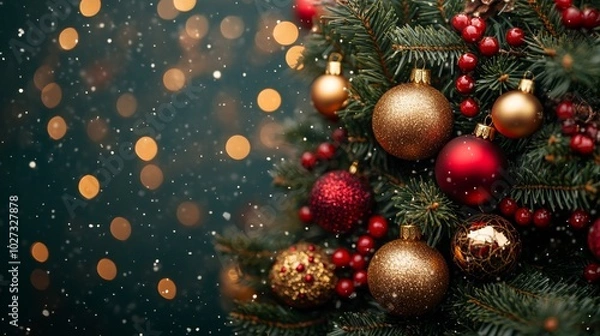 Fototapeta Christmas tree with red and golden baubles and lights bokeh background. Space for text. Copy space. Greeting card.