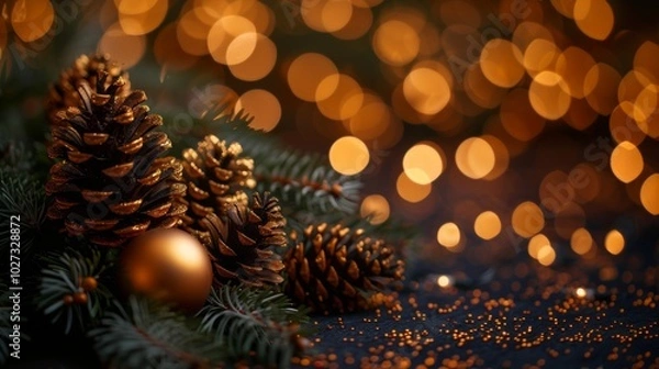 Fototapeta Christmas tree with red and golden baubles and lights bokeh background. Space for text. Copy space. Greeting card.