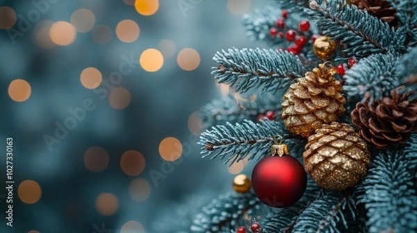 Fototapeta Christmas tree with red and golden baubles and lights bokeh background. Space for text. Copy space. Greeting card.