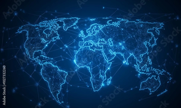 Obraz A blue map of the world with glowing lines connecting various countries, representing global connectivity and data transfer between different distant places.