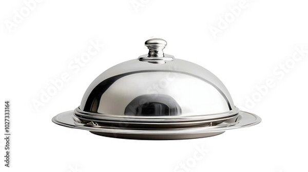 Fototapeta Silver serving cloche raised above empty silver plate isolated on white
