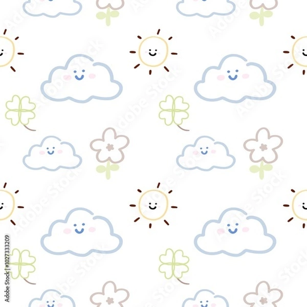 Fototapeta cloud sun and flower cute simple pattern seamless decoration background 