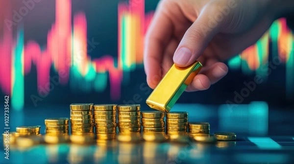 Fototapeta A personâ€™s hand gently placing a gold bar on a stack of other bars, symbolizing wealth accumulation and investment, with a blurred financial chart in the background