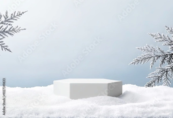 Fototapeta Empty White geometric-shaped podium on a snowy background in a winter scene. Perfect for cosmetic product presentation with ample copy space.. Made with Generative AI Technology