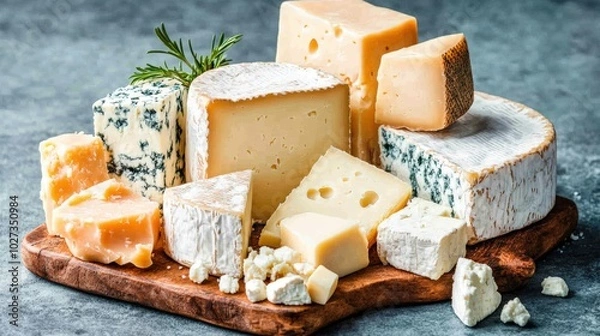 Fototapeta A delightful assortment of artisanal cheeses on a rustic wooden board