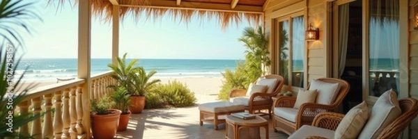 Fototapeta A serene beachfront view from a cozy porch, ideal for relaxation and vacation planning. Perfect for travel, real estate, and hospitality businesses.