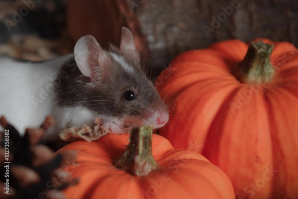 Fototapeta mouse with pumpkin pinecone Halloween autumn thanksgiving