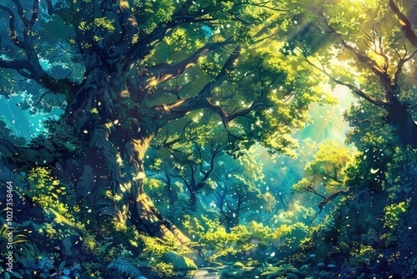 Fototapeta Sunlit Forest with a Stream Flowing Through Lush Greenery