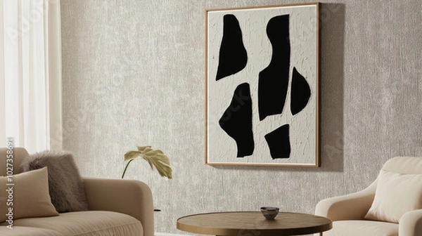 Fototapeta Framed Abstract Wall Art Mockup with Black and White Shapes on Beige Canvas in Modern Living Room with Gray Textured Wallpaper