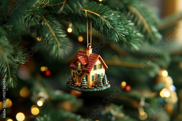 Fototapeta Christmas tree toy in the form of a house hanging on a Christmas tree
