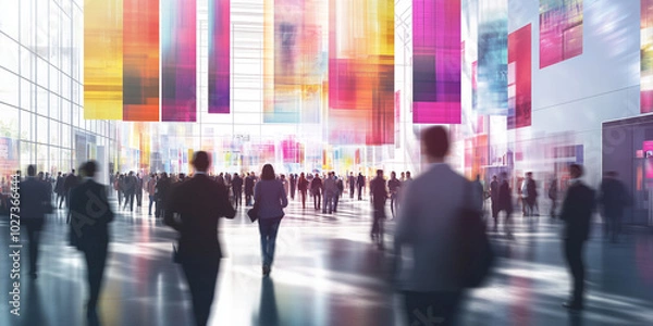 Fototapeta A blurred photograph of business people walking around an exhibition hall, with colorful banners and posters in the background.