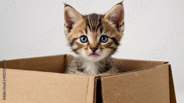 Fototapeta curious kitten peeking out from a cardboard box