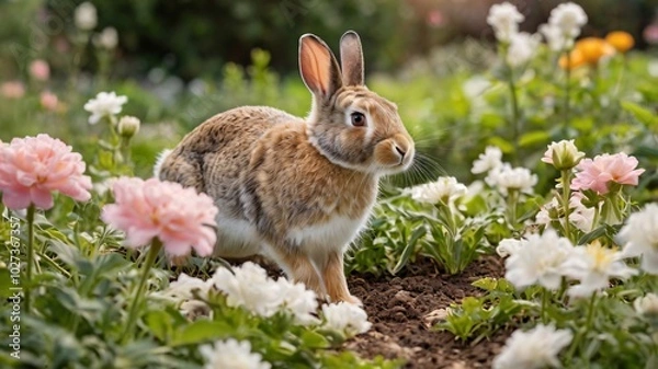 Fototapeta rabbit hopping through a flower garden