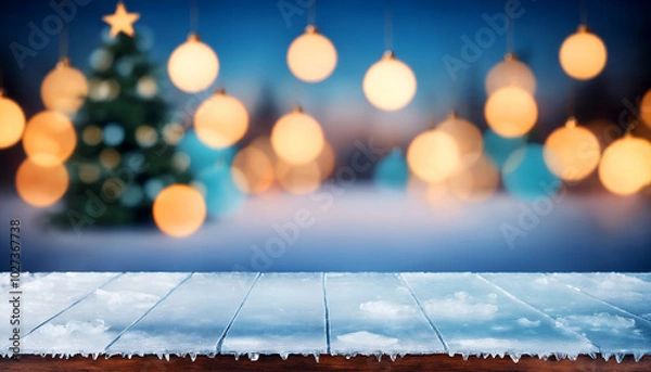 Fototapeta empty wooden table top with snow and Blurred Christmas background	

