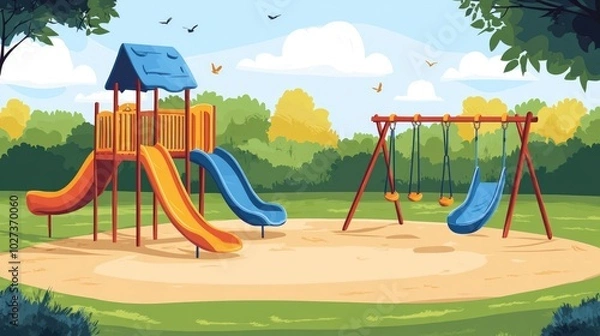 Fototapeta Illustrated playground slide and swings