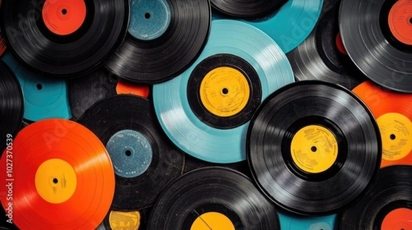 Fototapeta Retro vinyl records in a nostalgic arrangement.