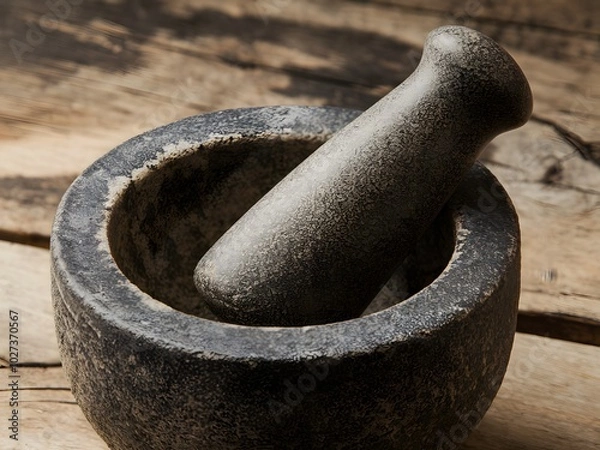 Fototapeta A photo of a mortar. There is a pestle in the mortar. 