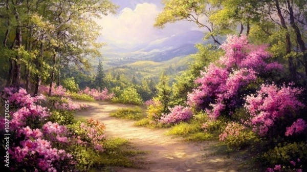 Fototapeta A Winding Path Through a Springtime Forest with Pink Blossoms and Distant Mountains