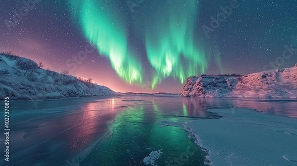 Fototapeta The Northern Lights dancing over a frozen lake, medium reminiscent of Babak Tafreshi, lighting: natural aurora glow, colors: ethereal greens and purples, composition