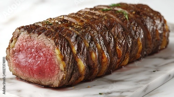 Fototapeta Slices of tender roast beef glisten on a marble surface, exuding mouthwatering appeal