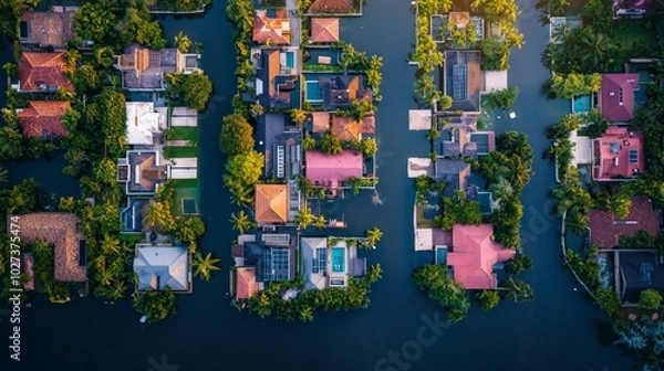 Fototapeta Flooded Residential Area with Submerged Houses