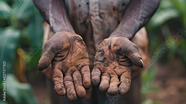 Fototapeta Portrait of an African farmer with weathered hands, showcasing years of hard work and dedication. 