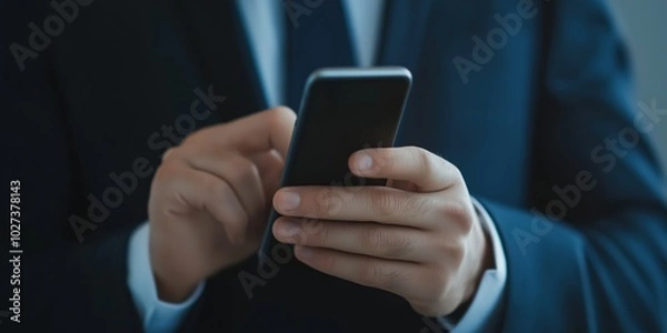 Fototapeta A businessman in formal attire uses a smartphone, his intense focus epitomizing modern connectivity, professionalism, and the ever-evolving world of corporate communication.
