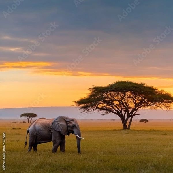 Fototapeta A Serene Sunset with an Elephant in the Wild