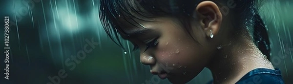 Fototapeta A young girl stands in the rain, capturing a moment of contemplation and emotion amidst a blurred, serene backdrop.