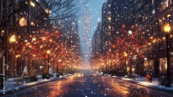 Fototapeta A quiet Christmas evening with light snow falling on city streets illuminated by holiday lights.