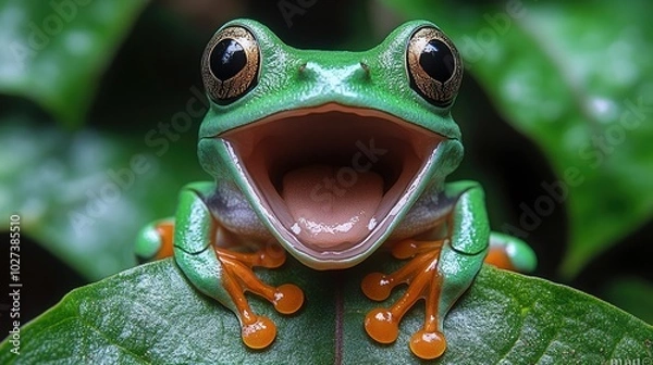 Obraz Vibrant green tree frog perched on a leaf with its mouth wide open in a tropical forest