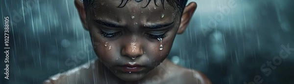 Fototapeta A melancholic boy stands in the rain, with tears flowing down his face, capturing a moment of deep emotion and solitude.