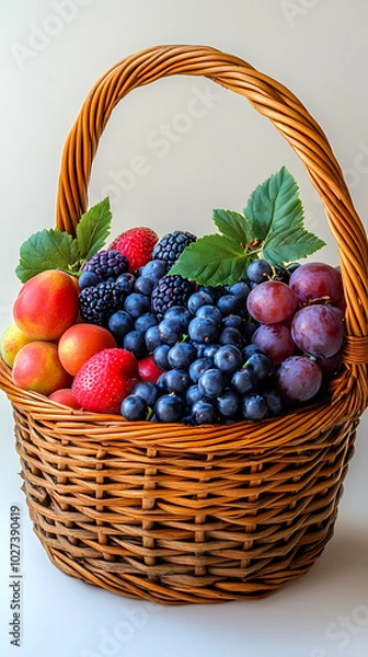Fototapeta Many different fresh fruits in wicker basket isolated on white