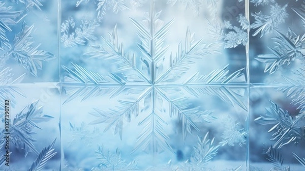 Fototapeta Frosty window with blue and white colors. Frozen glass surface. Icy pattern. Snowflake crystals. Winter background with space for text, design