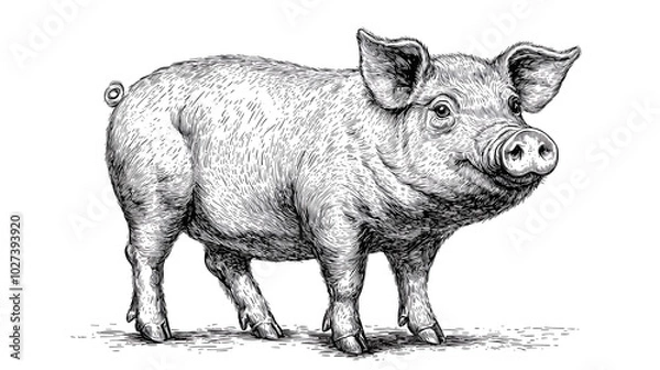Fototapeta detailed black and white engraving of a pig standing on all fours with its head turned slightly to the side looking curious The pig curly tail snout and hooves are prominent features