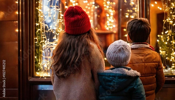 Obraz Children looking at Christmas shop window display at night