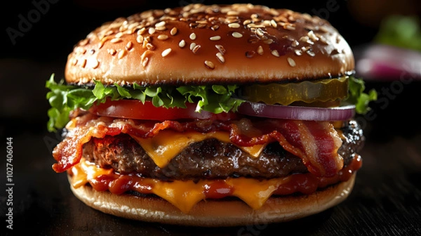 Fototapeta Delicious gourmet hamburger with meat, bacon, cheddar, tomato, lettuce, special sauce, onion and pickles ready to eat