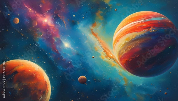 Fototapeta A vibrant cosmic landscape with two large planets, a nebula, and a field of stars