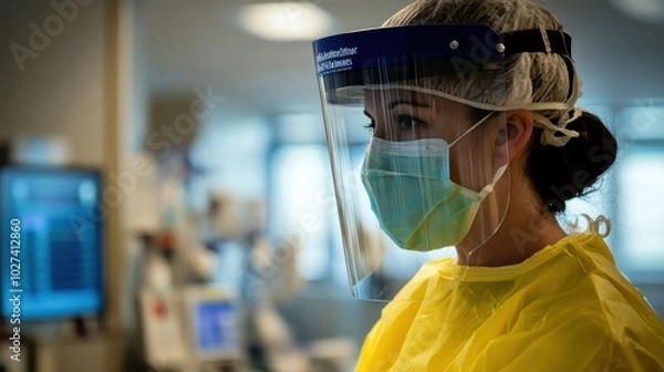 Fototapeta A healthcare worker wearing a full face shield and mask while preparing medical equipment, emphasizing safety protocols and protective gear in a clinical setting