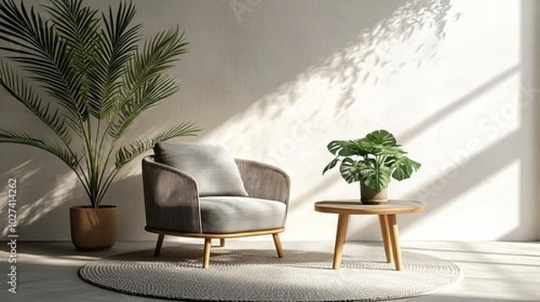 Fototapeta : Modern Interior Design Featuring a Light Empty Mock-Up Wall and Gray Furniture in a Loft Vintage Living Room with an Armchair, Table with a Green Plant in a Pot, and a Round Carpet on the Floor.



