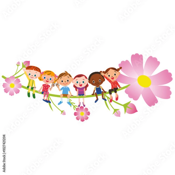 Obraz 秋桜に座っている仲良し子供達