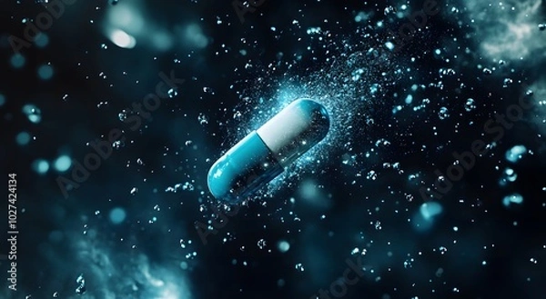 Obraz A pill suspended in air, surrounded by several small glowing particles, close-up from an overhead perspective, with many large bacteria floating next to it. Sparkling Effect