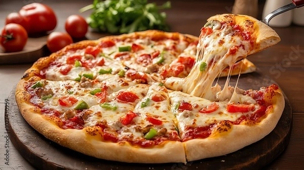 Obraz A delicious pizza with melted cheese, red sauce, and fresh toppings. The pizza is being lifted with a spatula, revealing the gooey cheese inside.